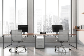 Sleek office interior showing two mesh chairs at a wooden desk with computers, minimalist style, cityscape background. Concept of modern workspace. 3D Rendering