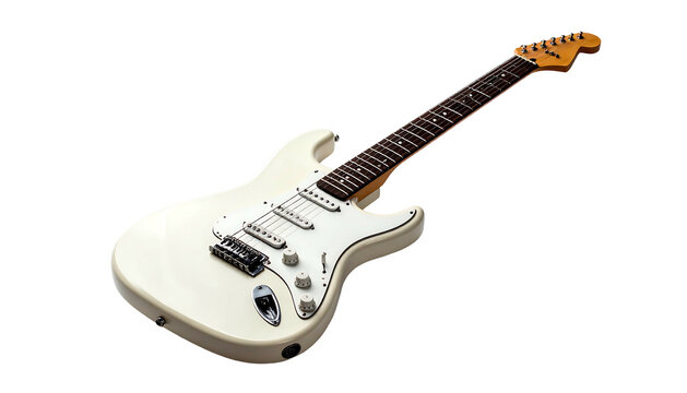 White electric guitar lies diagonally with black background. Strings, fretboard and body visible - Powered by Adobe