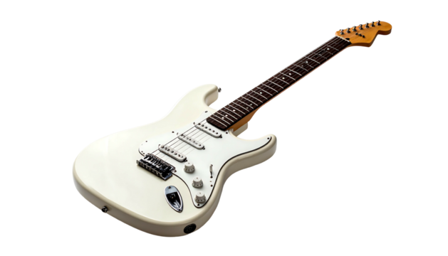 White electric guitar lies diagonally with black background. Strings, fretboard and body visible