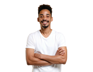 Smiling man with crossed arms wearing a white tee against a black backdrop, radiating warmth and approachability