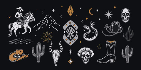 Western cowboy and cowgirl horse riding skull cactus snake horseshoe boots and mountains collection