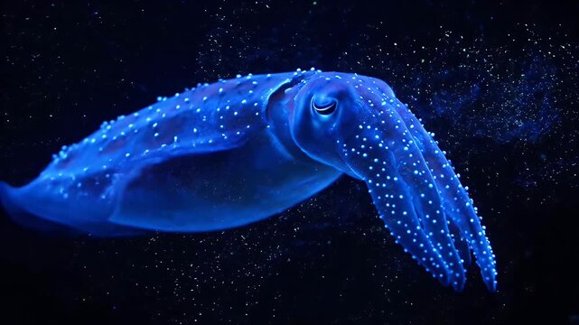 Glowing Blue Cuttlefish Swimming in Deep Ocean