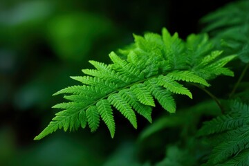 A vibrant, lush green fern frond is captured in exquisite detail, showcasing its intricate texture and fresh, healthy color against a softly blurred background of deeper greens. The close-up perspecti