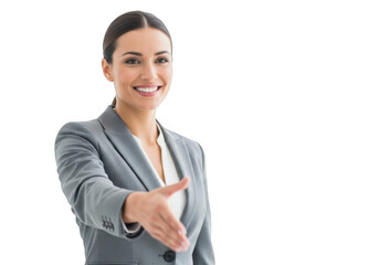 Smiling businesswoman in gray suit offering handshake isolated on transparent background