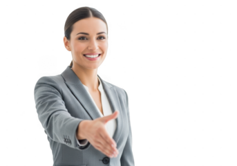 Smiling businesswoman in gray suit offering handshake isolated on transparent background