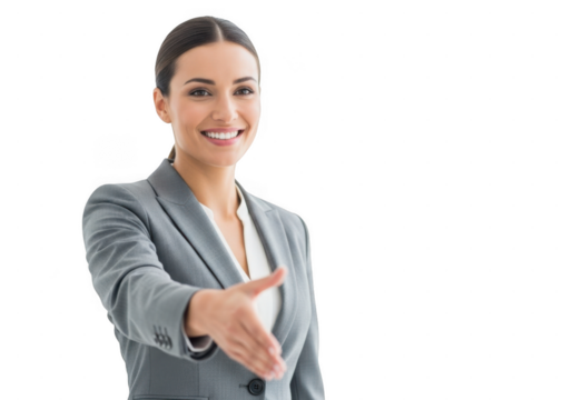 Smiling businesswoman in gray suit offering handshake isolated on transparent background - Powered by Adobe