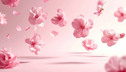 Soft Pink Abstract Floating Platforms and Stairs 3D Render with Delicate Falling Petals in Dreamy Light