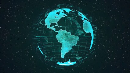 Abstract digital representation of earth with glowing continents and connections against a dark starry background symbolizing global network and technology