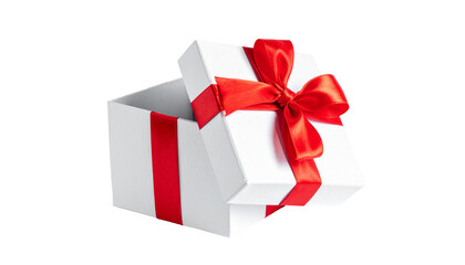 Obraz premium White gift box with red ribbon and bow, open on a black background, isolated and clean