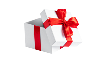 White gift box with red ribbon and bow, open on a black background, isolated and clean