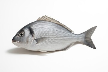 Whole silver fish side profile facing left studio seafood isolated on pure white background
