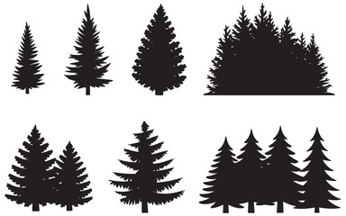 Black and white vector illustration of evergreen trees silhouettes collection