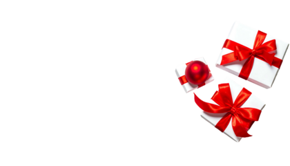 White gift boxes with bright red ribbon and a red ornament, set against a stark black backdrop