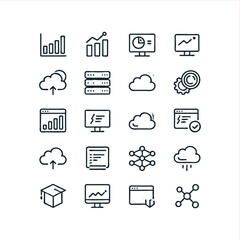 Modern data analytics and machine learning icons visualize cloud computing, AI, growth trends, and network connections for innovative technology solutions