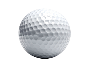 White golf ball with small dimples sits isolated against a stark black background, catching the light
