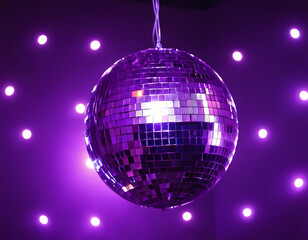 Obraz premium The party lights the disco ball with a purple background. A disco ball with disco lights.