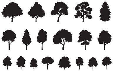Collection of Tree Silhouettes in Black and White Forest Landscape