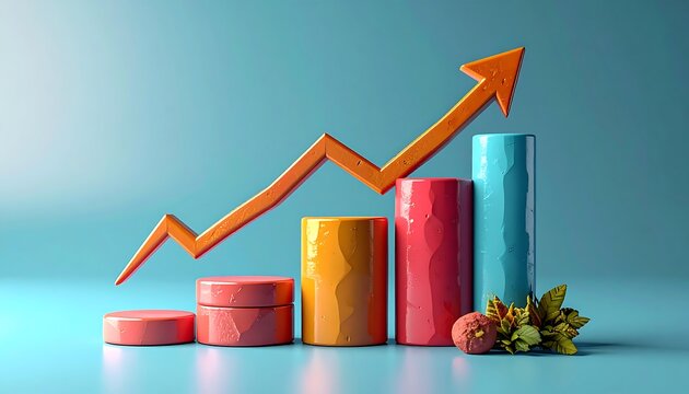 Abstract chart showing business growth with orange arrow and colorful pillars