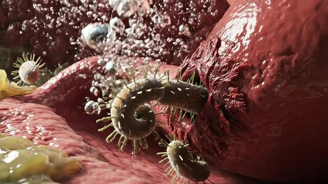 In the acidic depths of a human stomach, the lens follows Helicobacter pylori spiraling into the mucosal lining