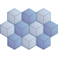 Geometric Abstract Pattern Composed of Translucent Cubes in Shades of Blue and Gray in a Honeycomb Arrangement with a White Background