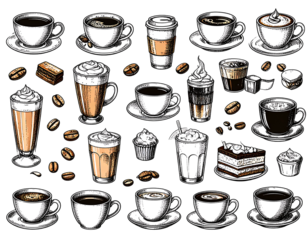 Varied sketched coffee cups, beans, and pastries on a black background, creating a cozy, inviting pattern