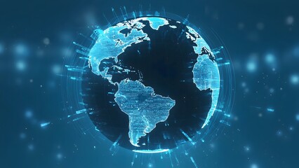 Futuristic glowing digital globe with interconnected data streams and light particles representing global connectivity and advanced technology in a dark blue abstract background