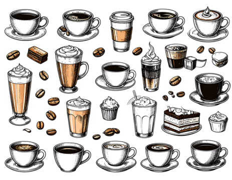 Varied sketched coffee cups, beans, and pastries on a black background, creating a cozy, inviting pattern