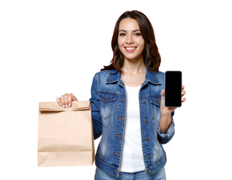 Smiling woman holds a phone and a paper bag against a dark backdrop - Powered by Adobe
