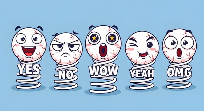 Collection of funny spring character emojis with reaction text YES NO WOW YEAH OMG