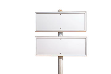 Blank Signposts in Daylight: A close-up shot of two empty signboards, mounted one above the other on a pole, providing a space for a personalized message, set against the backdrop of bright daylight.