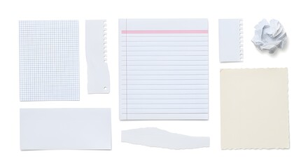 Collection of various blank torn paper scraps, lined, graph, and crumbled pieces isolated on white background