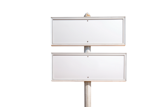 Blank Signposts in Daylight: A close-up shot of two empty signboards, mounted one above the other on a pole, providing a space for a personalized message, set against the backdrop of bright daylight.