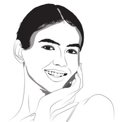 A line-art, black-and-white illustration captures a young woman with short, dark hair, smiling brightly. She gently rests her hand against her cheek in a charming pose.