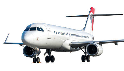 Fototapeta premium White jet plane with red accents, angled slightly, set against a black background, sunny