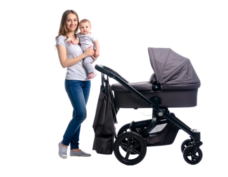 Smiling woman holds baby next to stroller. Black background, happy
