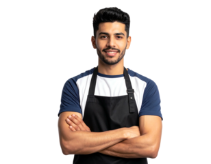 Smiling man with folded arms and apron against a dark background