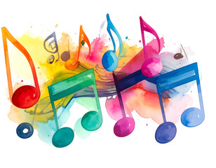 Watercolor musical notes cluster on a splash of vivid rainbow hues, creating a vibrant and artistic music theme illustration