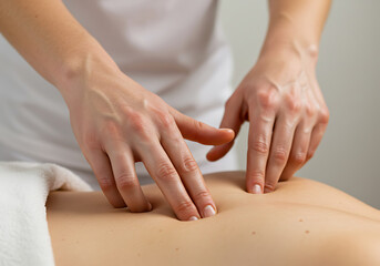 Professional therapist giving a deep tissue back massage in a spa. Close-up of hands applying pressure for pain relief. Physical therapy and wellness treatment