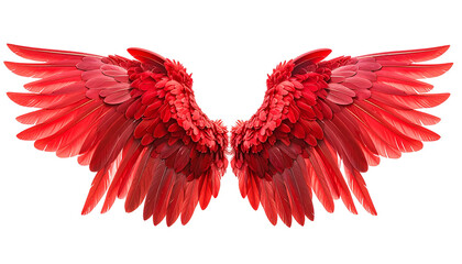 Vivid scarlet wings, feathered and outstretched, against a dark, contrasting background. Angelic or fantastical