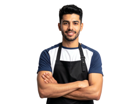 Smiling man with folded arms and apron against a dark background