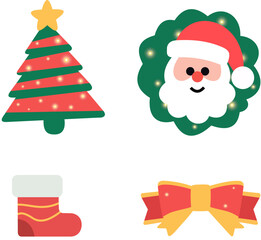 A set of cute flat Christmas icons featuring a Christmas tree, Santa Claus face, holiday stocking, and festive bow, with bright colours and soft glowing lights.