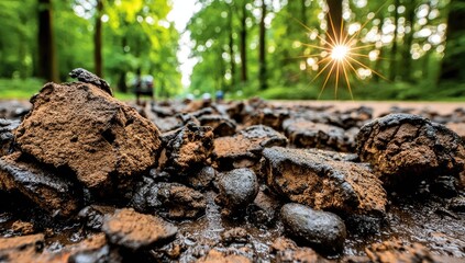 Close-up of charred wood and debris on the ground with a forest and sunburst in the background.