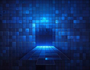 Abstract blue, square-tiled backdrop with a glowing, reflective platform