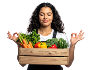 Smiling woman holds fresh produce in a wood crate, meditating against a black background