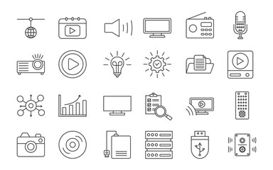 multimedia icon set collection style outline. Contain Network, video, sound, TV, radio, recording, projector, play, settings, volume control, folder,