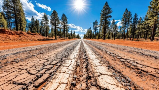 Cracked Earth Road Through Pine Forest Under Sunny Sky. - Powered by Adobe