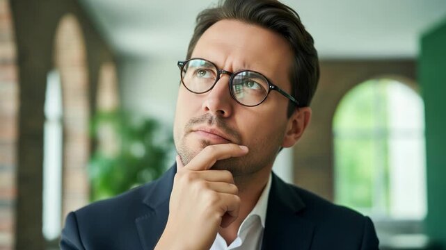 Man in a suit and glasses thinking with hand on chin
