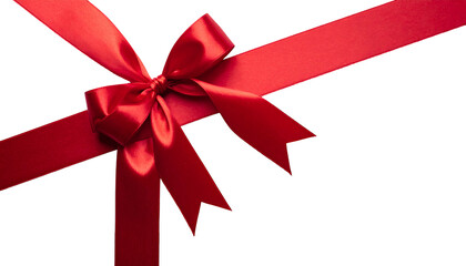 Vibrant red satin ribbon bow crossing diagonally on a black background