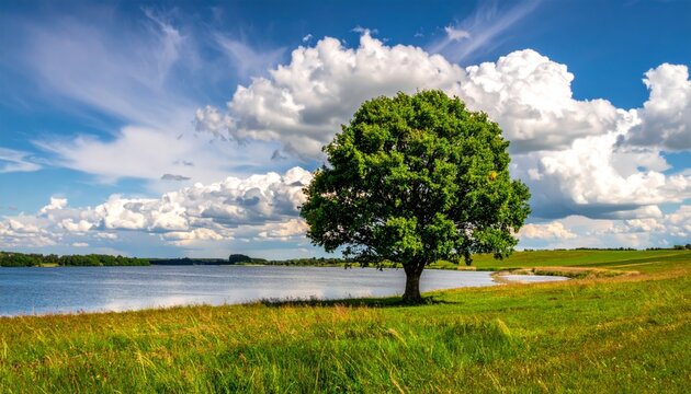 Fototapeta Single tree near to a lake and lot of grass around and beautiful clouds