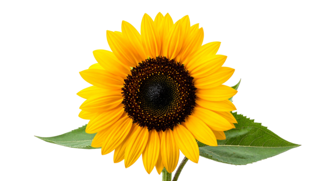 Vivid sunflower with yellow petals and dark center, against a black background with two green leaves at the bottom